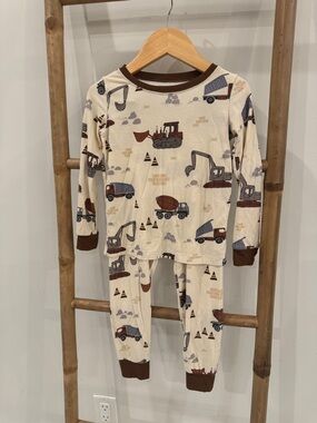 Toddler Cream Construction Truck Pajama Set with Brown Trim